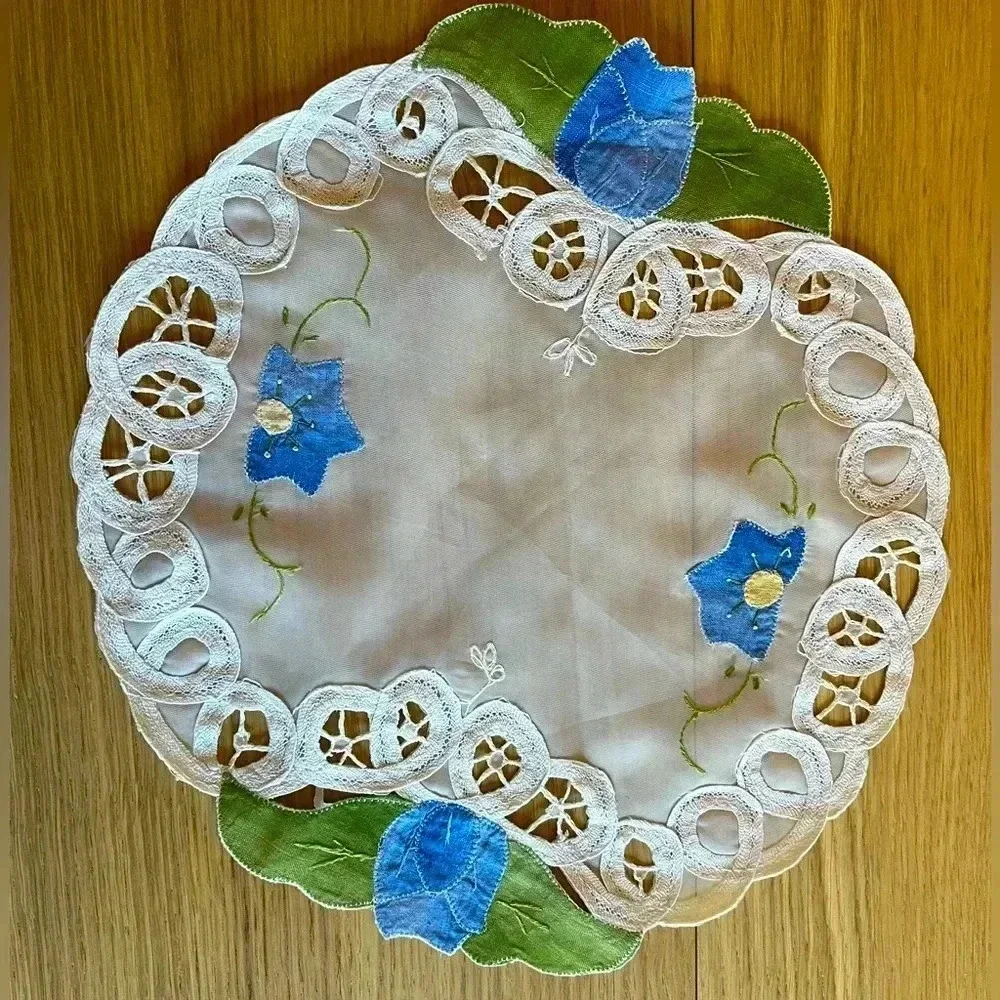 Hand-Embroidered Round Doily with Blue Flowers & Lace Trim - 11”